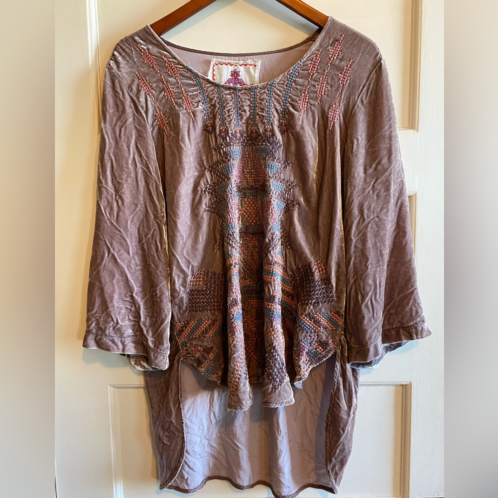 Johnny Was Lavender Silk Velvet BOHO Peasant Blouse